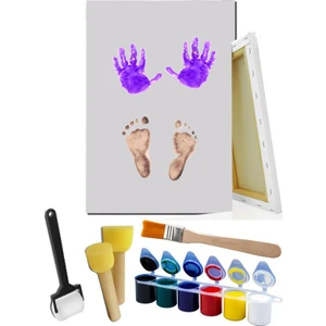Bebek El Ayak Izi Tuval Boyama Seti 25 x 35 cm 1 Paket Parmak Boyası Zemin Fırça Rulo Fırça Ponpon Fırça Hatıra Seti