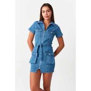 Select Moda Kadın Denim Beli Kuşaklı Elbise