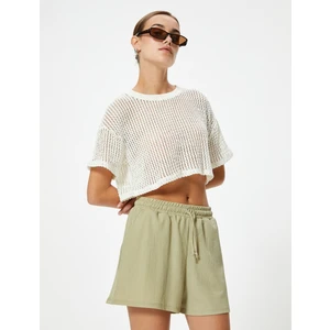 Mini Şort Dokulu Beli Bağlamalı Cepli