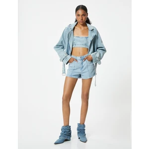 Mini Kot Şort Nervürlü Düğmeli Relax Fit Normal Bel