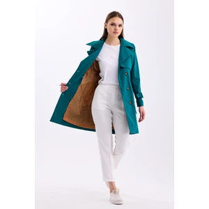 %100 Pamuk Gabardin Midi (95CM) Astarlı Kemerli Kadın Trençkot 1113