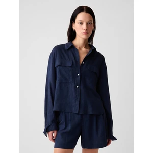 Kadın Koyu Mavi %100 Keten Oversize Crop Gömlek