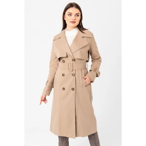 %100 Pamuk Gabardin Uzun (110CM) Astarlı Kemerli Kadın Trençkot 1111