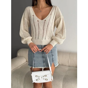 Moda Wiser Kadın Örgü V  Yaka Triko Bluz Krem