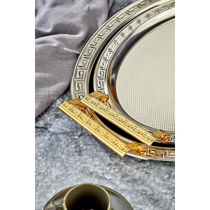 V Desenli Metal 2li Oval Gümüş Sunum Tepsi