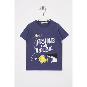 Bisiklet Yaka Kısa Kol Born To Be Yazı Baskılı Kısa Kol Indigo Renk Erkek Çocuk Tshirt