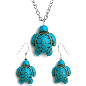Tesbih Atölyesi Sertifikalı Kaplumbağa Model Gerçek Firuze Taşı Kolye ve Küpe Seti