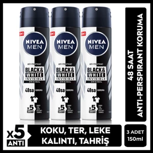 NIVEA Men Erkek Sprey Deodorant Black&White Invisible Original 150ml x3adet,48 Saat Anti-perspirant Koruma