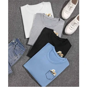 Kadın Cep Baskılı 4'lü Bisiklet Yaka Salaş Oversize Boyfriend Kırmızı, Siyah, Beyaz, Gri, Mavi  T-Shirt