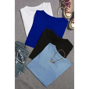 Kadın Basic Düz Baskızı 4'lü Bisiklet Yaka Salaş Oversize Boyfriend Kırmızı, Siyah, Beyaz, Gri  T-Shirt