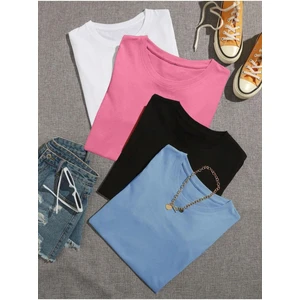 Kadın Basic Düz Baskızı 4'lü Bisiklet Yaka Salaş Oversize Boyfriend Kahverengi, Siyah, Beyaz, Gri  T-Shirt
