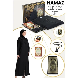 Siyah Kadın Pratik Başörtülü Fermuarlı Tek Parça Namaz Elbisesi Seccade Seti