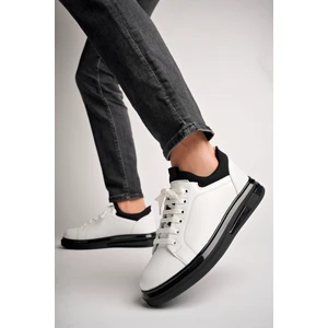 BA04471 Beyaz Siyah Erkek  Deri Streş Jel Yüksek Taban Spor Ayakkabı - Siyah Beyaz