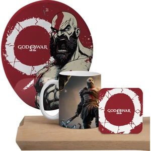 God Of War Bilek Destekli Mousepad Kupa Bardak ve Ahşap Altlıklı Set