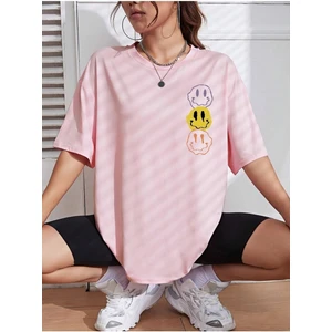 Kadın Gülen Yüz Baskılı Bisiklet Yaka Salaş Oversize Boyfriend Pembe T-Shirt