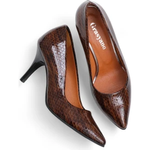 Hakiki Deri Stiletto Topuklu  Ayakkabı Taba Yılan Desenli - 7,5 Cm İnce Topuk Sivri Burun - El İşçiliği Premium Yumuşak Deri GRS043-TB