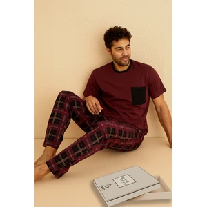 Premium Pamuklu Kısa Kollu Erkek Pijama Takımı- Ekose Damat Pijama Takımı