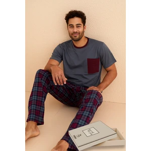 Premium Pamuklu Kısa Kollu Erkek Pijama Takımı- Ekose Damat Pijama Takımı