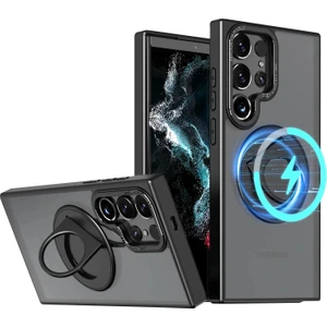 Samsung Galaxy S24 ile Uyumlu Kılıf 360° Dönen Magstand Kılıf Yüzüklü Parmak Geçmeli Stand Olabilen 2mm Çıkıntı Kamera Koruma Magsafe ile Uyumlu Matte Ring Kapak Black
