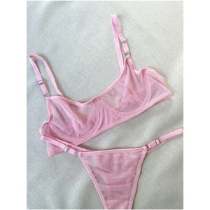 La Linaa Kadın Pembe Tül Tanga Külotlu Sütyen Takım