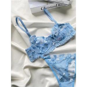 La Linaa Lovely Bebe Mavisi Kadın Tül Tanga Külotlu Bralet Takım