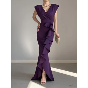 Trend Esinty Kadın Scuba Dalgıç Kruvaze Yaka Eteği Volanlı Abiye Elbise (Renkli)