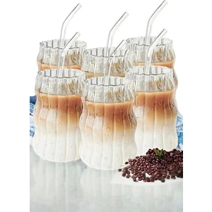 6'lı Pipetli Sukabağı Şekli Latte Bardak Seti Iskandinav Tarz Cam Bardak