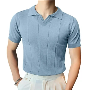 Tarz Cool Erkek Çizgili Kısa Kollu Triko T-Shirt