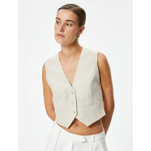 Keten Yelek Crop Slim Fit V Yaka Astarlı