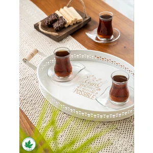 Lin Metal Tulipa Ahşap Kulplu Desenli Oval Metal Servis Tepsisi 37CM, Kahve Tepsisi, Sunum Tepsisi (Possible Baskılı)