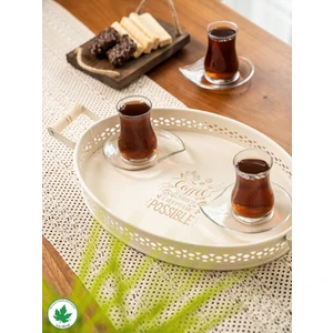 Lin Metal Tulipa Ahşap Kulplu Desenli Oval Metal Servis Tepsisi 37CM, Kahve Tepsisi, Sunum Tepsisi (Possible Baskılı)