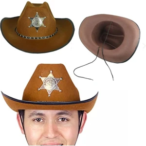 Şerif Rozetli Bağcıklı Yetişkin Keçe Kovboy Şapkası Kahverengi Retro