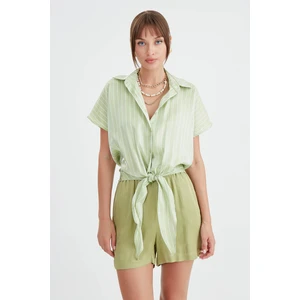 Çizgili Parlak Saten Önü Bağlamalı Gömlek