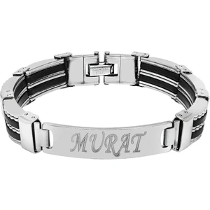 Kişiye Özel Isim Yazılı Silver Renk Çelik Erkek Bileklik (Model-2)