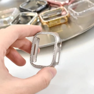 Apple Watch Uyumlu 2-3-4-5-6-Se-7-8-9 45 mm Uyumlu Starlight Elmas Taşlı Kasa ve Ekran Koruyucu
