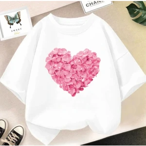 Kids Face Özel Tasarım Pembe Çiçekler Kalp Baskılı %100 Pamuk Oversize Kız Çocuk Şık T-Shırt