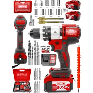 Brushless 58 V 5AH Çelik Şanzıman 10 Pilli Çift Akülü Darbeli Şarjlı Matkap Vidalama-Kırmızı