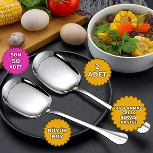 2'li Lüks Servis Kaşığı Seti Büyük Boy Paslanmaz Çelik Kaşık Salata Pasta Yemek Servis Mutfak Kaşığı