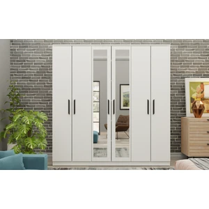 Gm 081 Favorite 6 Kapılı Aynalı Beyaz Siyah Kulplu Gardırop