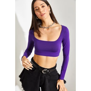 Kadın Uzun Kol Kare Yaka Crop Bluz