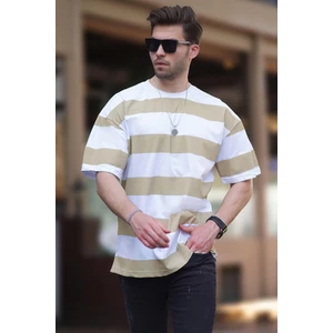 Bej Oversize Renk Bloklu Bisiklet Yaka Kısa Kollu Tişört 7030