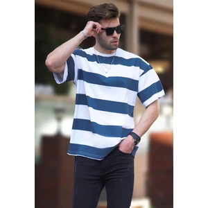 Indigo Oversize Renk Bloklu Bisiklet Yaka Kısa Kollu Tişört 7030