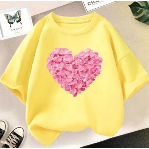 Kids Face Özel Tasarım Pembe Çiçekli Kalp Baskılı %100 Pamuk Oversize Kız Çocuk Şık T-Shırt