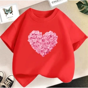 Kids Face Özel Tasarım Pembe Çiçekler Kalp Baskılı %100 Pamuk Oversize Kız Çocuk Şık T-Shırt