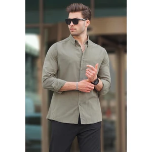 Haki Uzun Kollu Pamuklu Keten Görünümlü Erkek Gömlek 6743