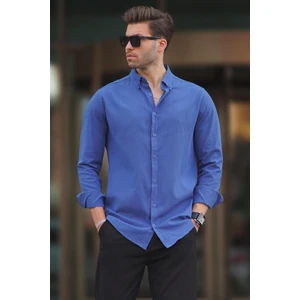 Indigo Uzun Kollu Pamuklu Keten Görünümlü Erkek Gömlek 6743