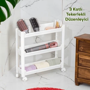 Rafty-65-1 Tekerlekli 3 Katlı Mutfak Düzenleyici - 46,5 x 14,5 x 48 cm Hareketli Raf - Beyaz