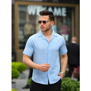 Mavi Renk Pamuk Keten Kısa Kol Gömlek