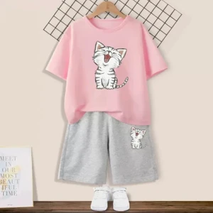 Kids Face Özel Tasarım Uykucu Şirin Kedicik Baskılı  Pamuk Trend Kız Çocuk T-Shırt Şort Takımı