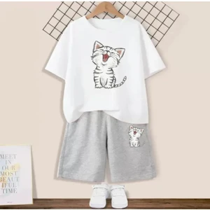 Kids Face Özel Tasarım Uykucu Şirin Kedicik Baskılı  Pamuk Trend Kız Çocuk T-Shırt Şort Takımı